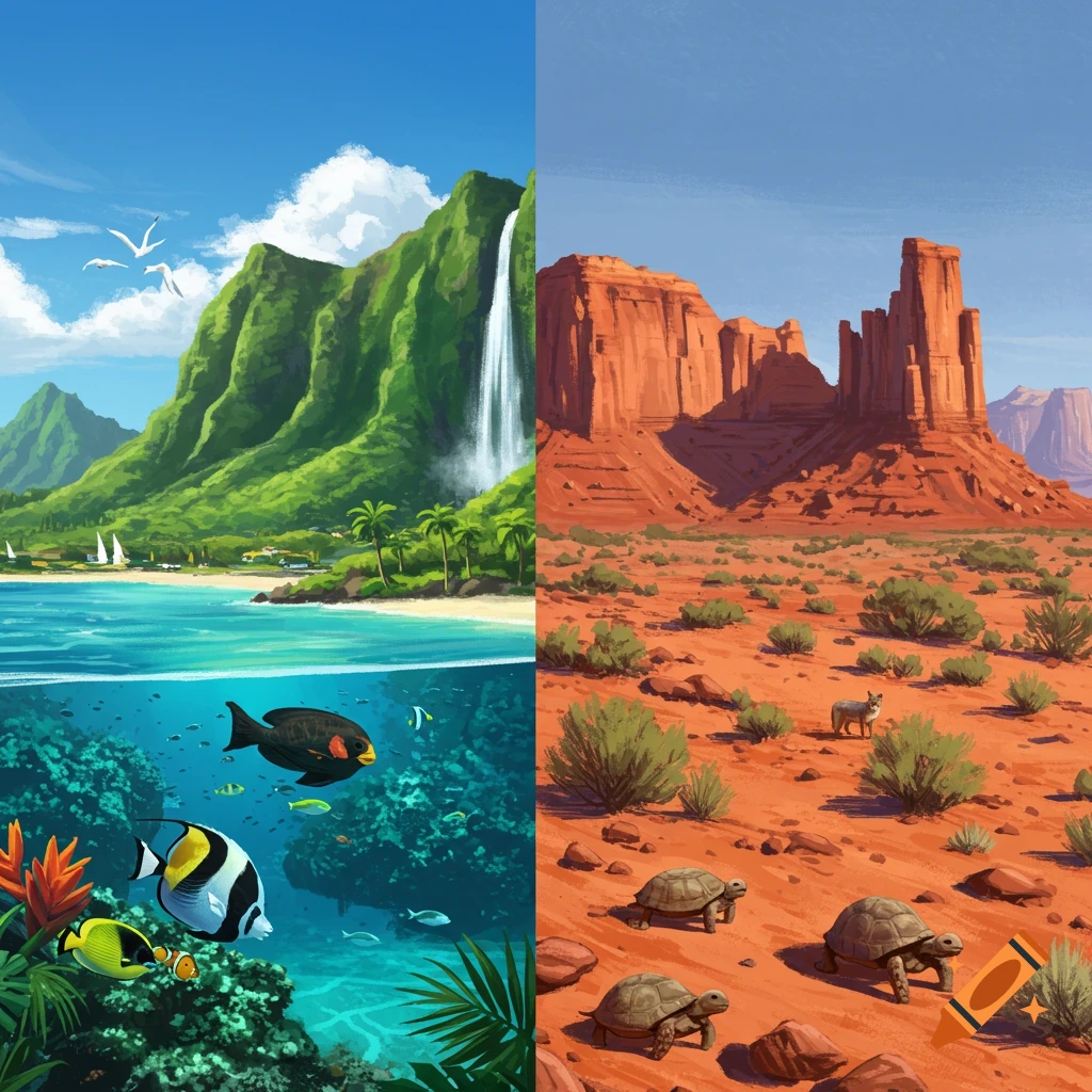 Comparing a tropical island landscape with underwater reef to a desert landscape with red rock formations and animals.
