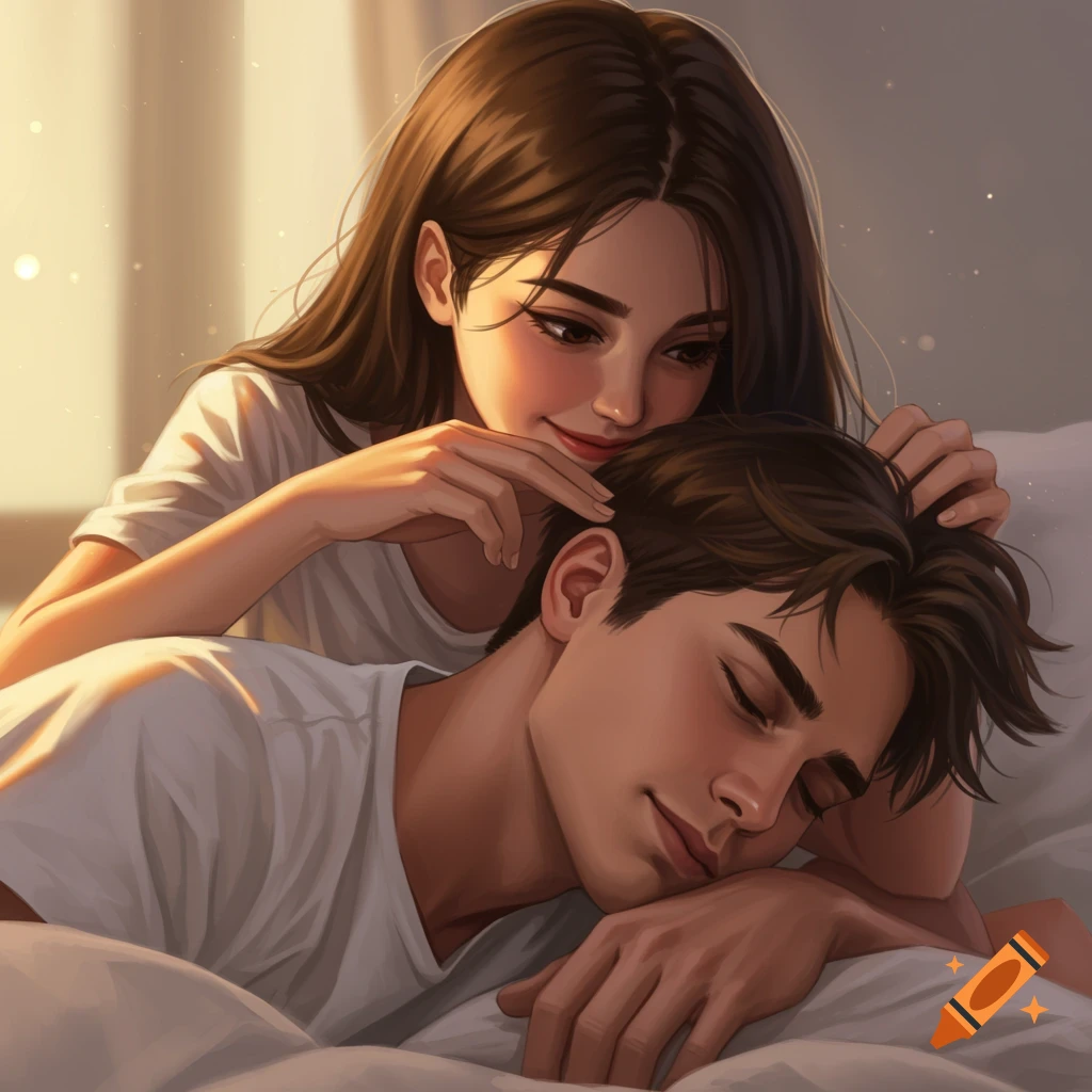 A woman gently touches a man's hair as they cuddle in bed.