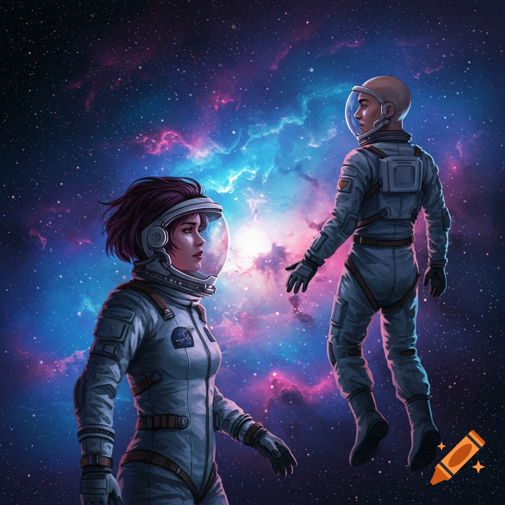 Two astronauts floating in space against a colorful nebula background.