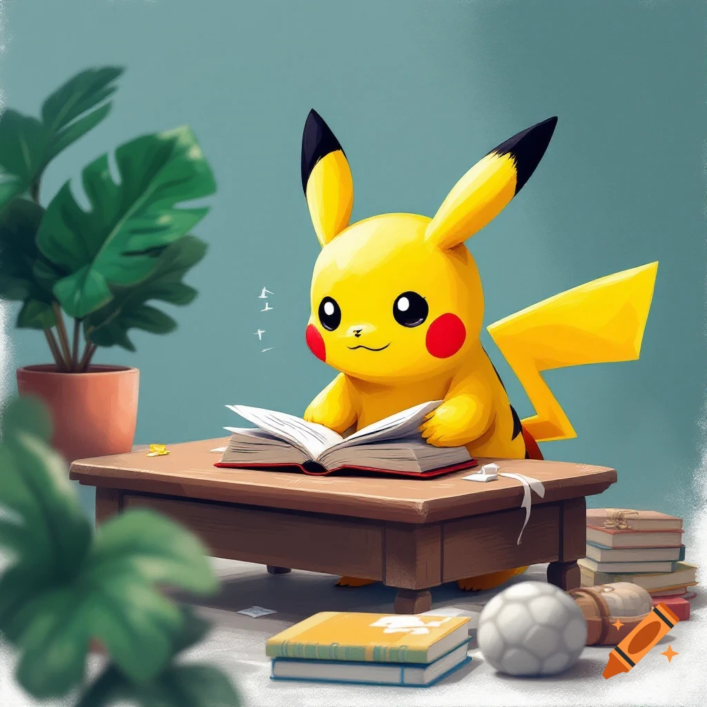Pikachu reading a book at a desk in an illustration style.