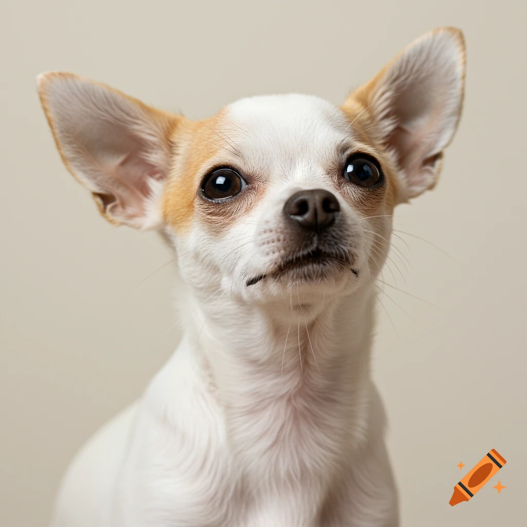 Close-up of a white chihuahua with brown markings around its eyes looking up.