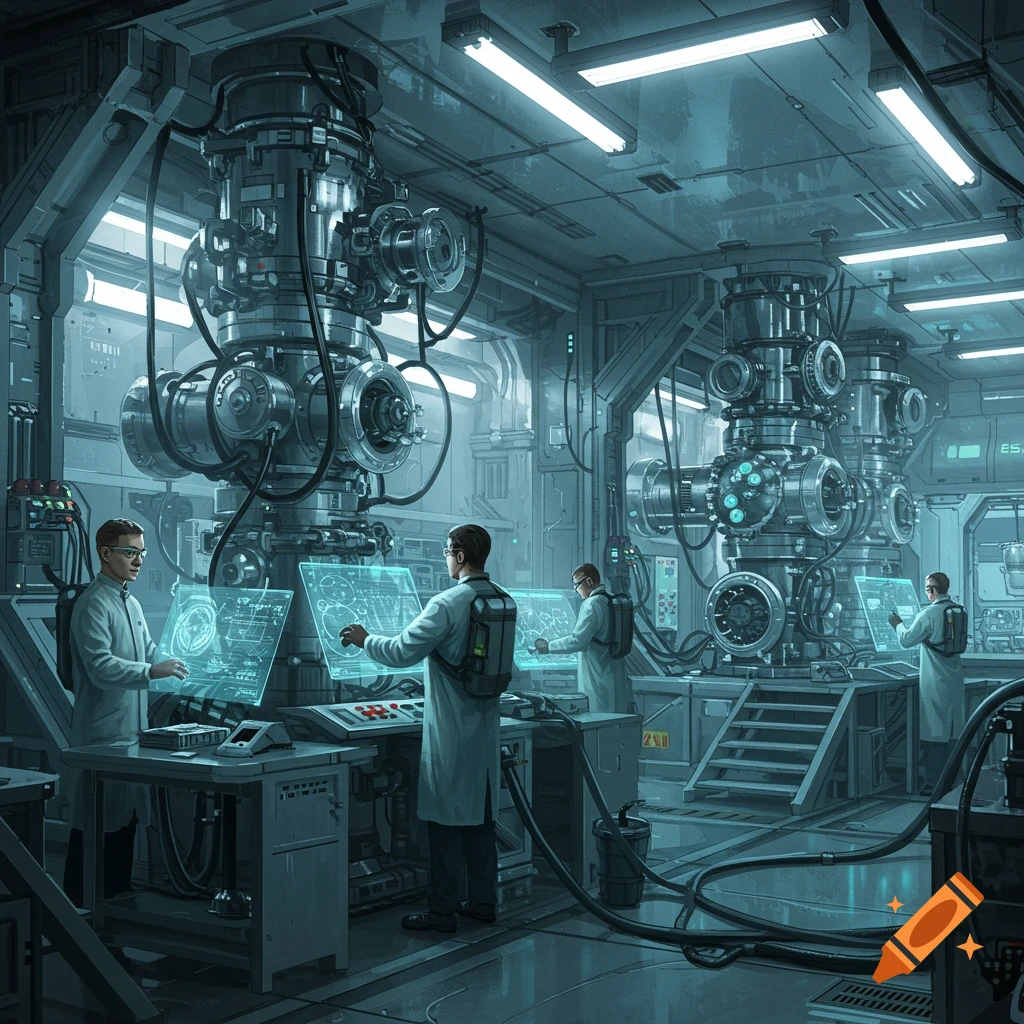 Scientists work with advanced machinery and holographic screens in a futuristic cold fusion research lab.
