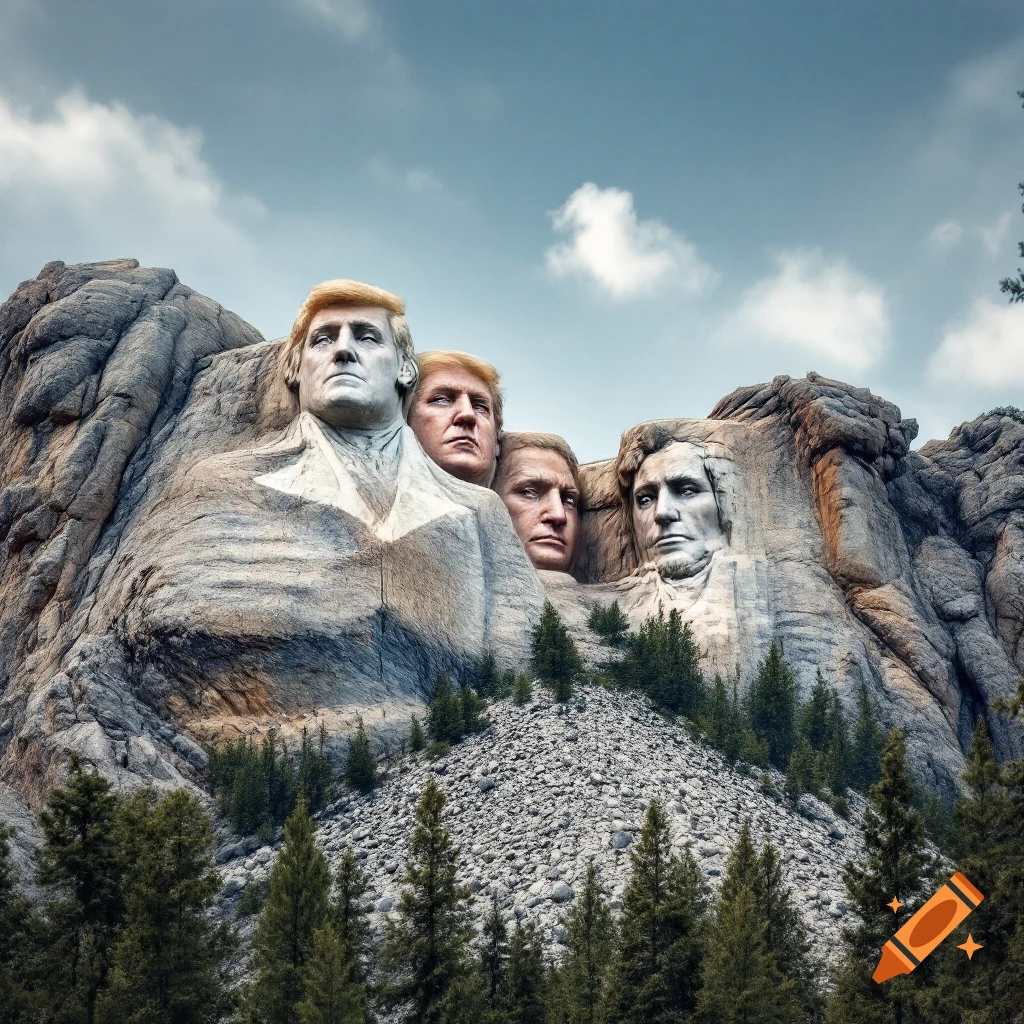 Mount Rushmore with the heads of Donald Trump and others carved into the mountain.