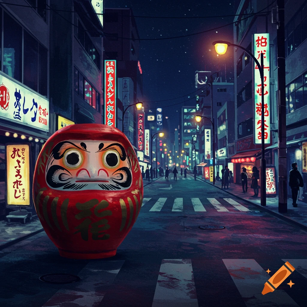 Large red daruma doll in the middle of a busy Tokyo street at night, with neon signs on buildings.