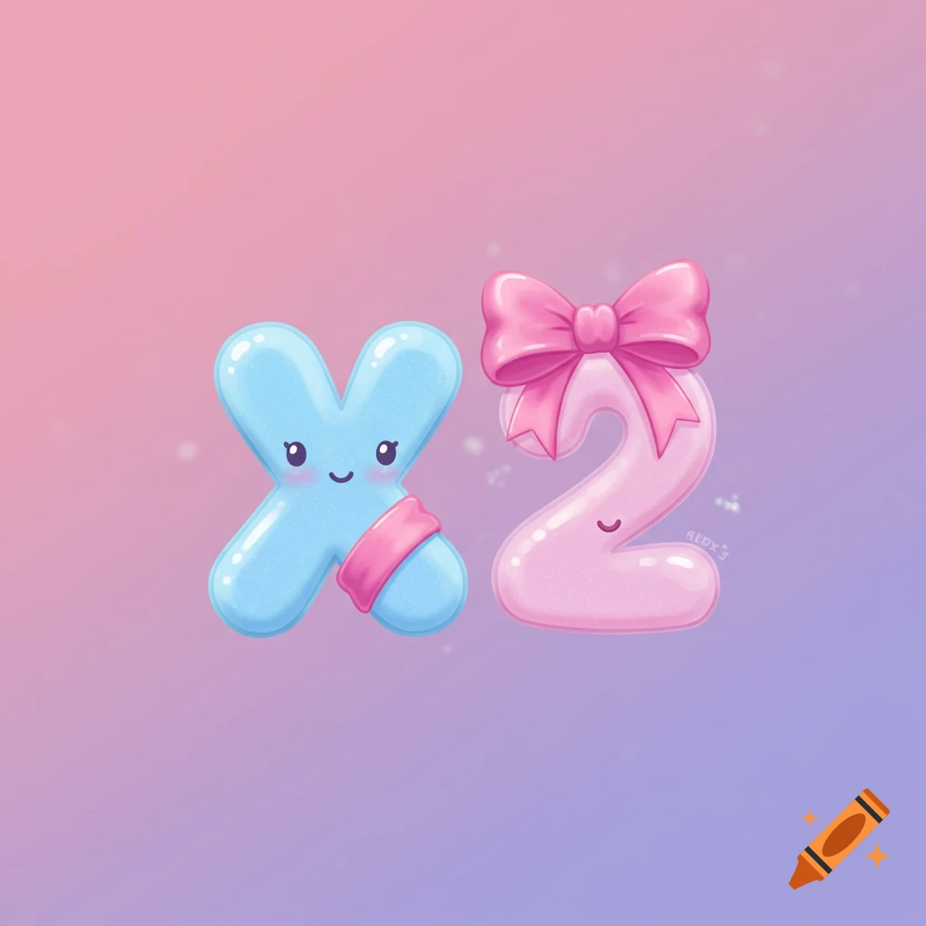 Cute cartoon X and 2 characters with smiling faces and pink accessories on a gradient background.