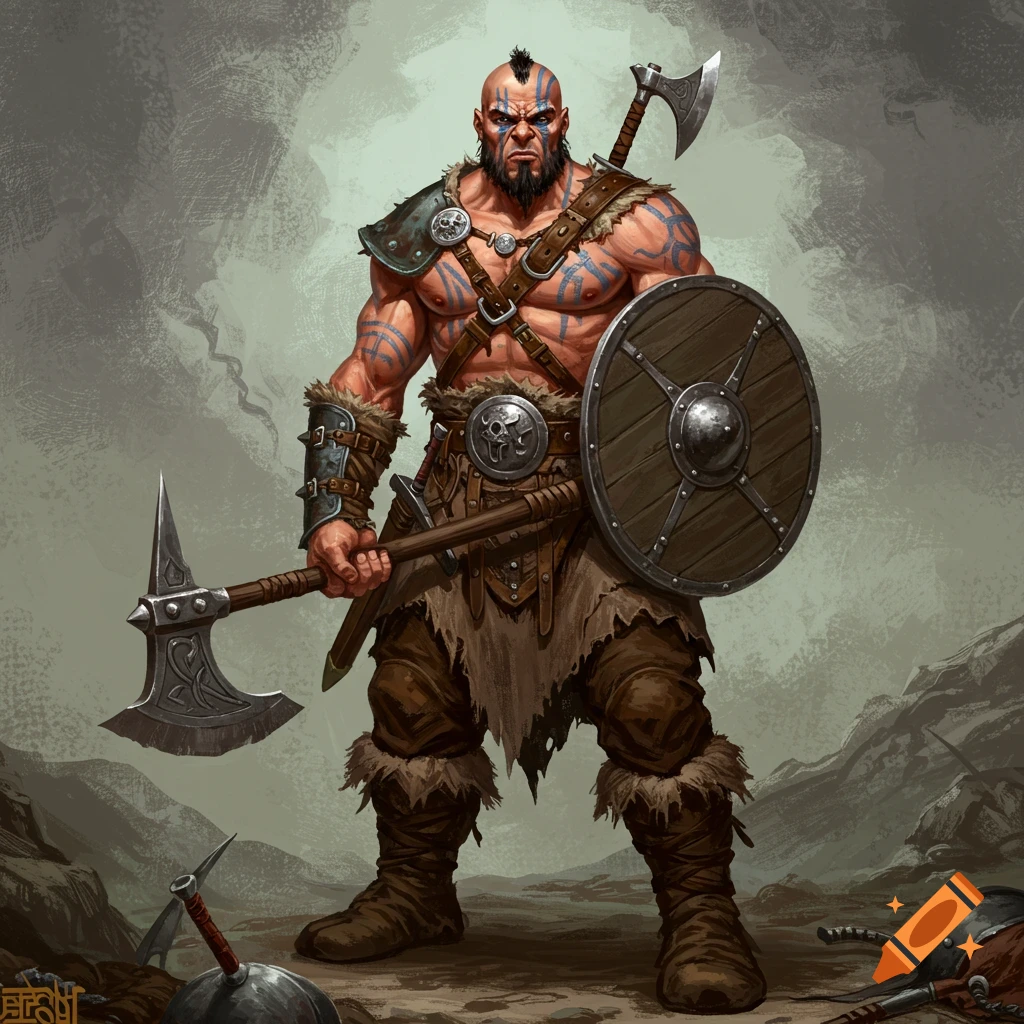 A muscular barbarian warrior with face tattoos, holding a battle axe and shield, standing over fallen foes.