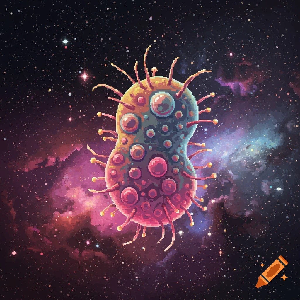 Pixel art of a stylized germ in space with stars and nebulae.