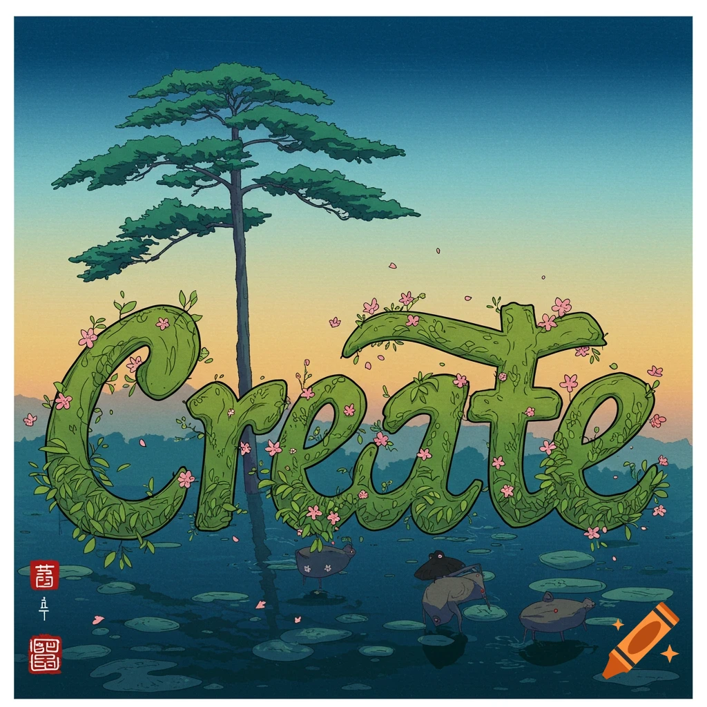 A stylized image of the word 'Create' formed by vines and flowers floating on water with lily pads and a tree.