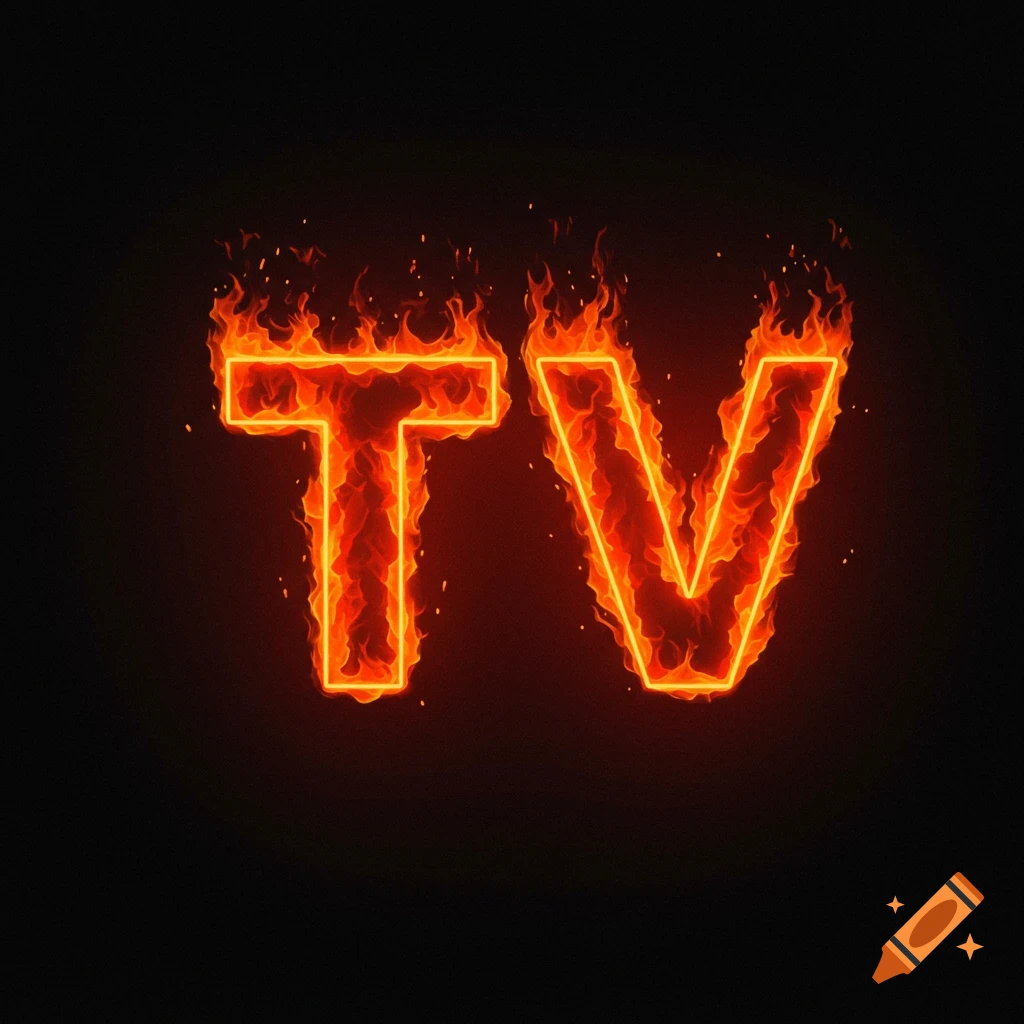 The letters "TV" outlined in glowing fire against a dark background.