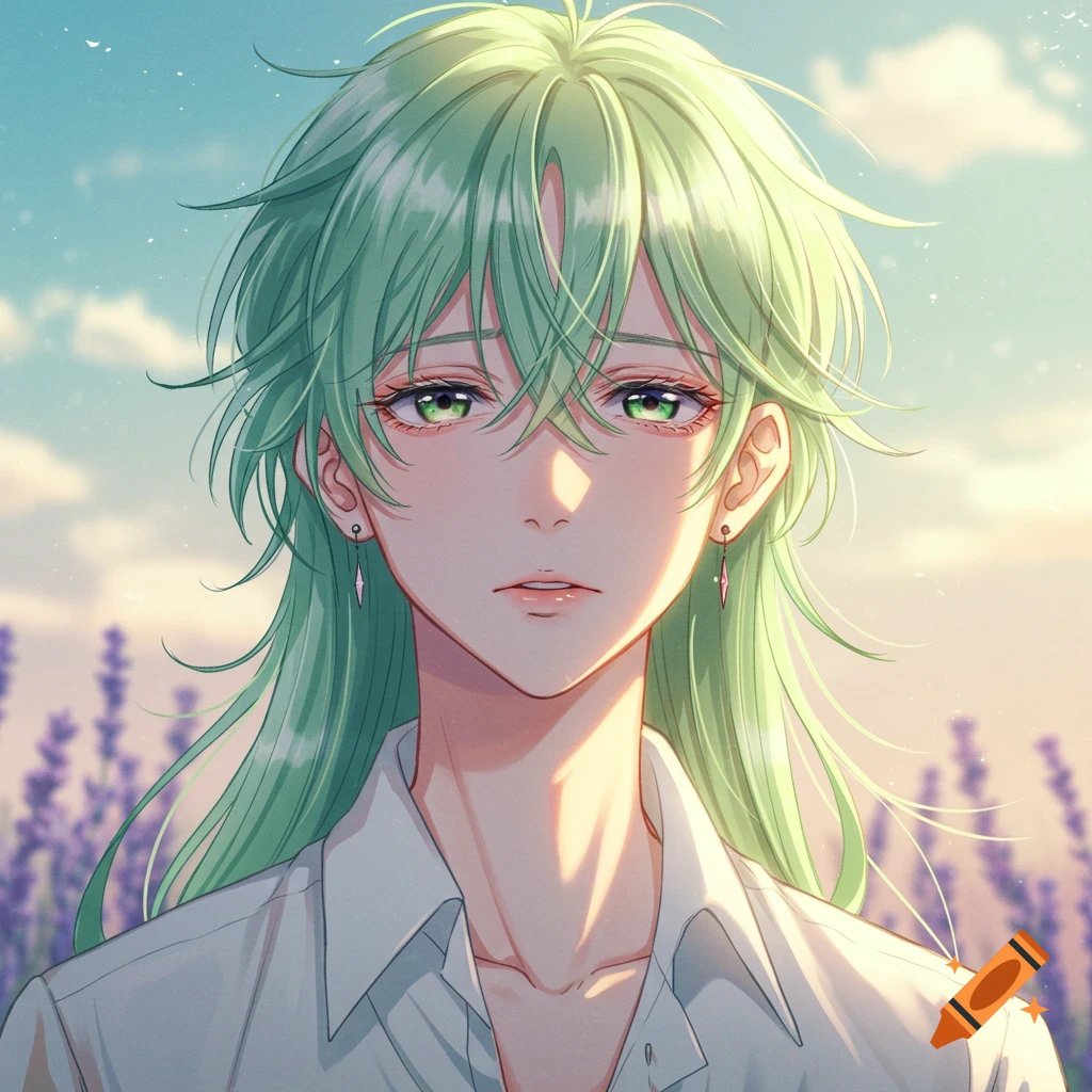 Anime portrait of a person with long green hair in a field.
