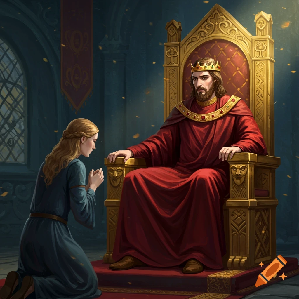 A medieval king on a golden throne with a woman kneeling before him.