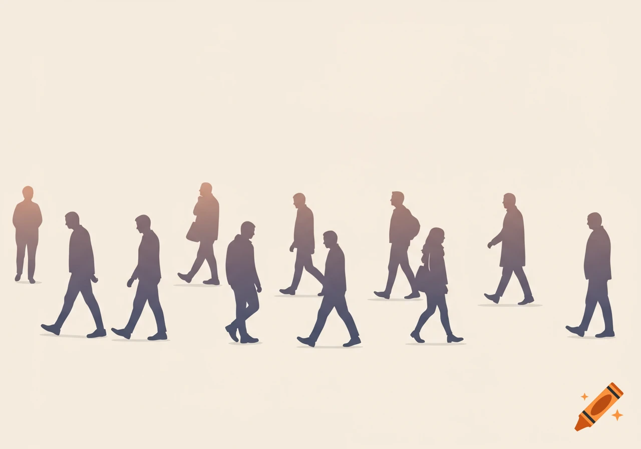 Abstract vector graphic of multiple people walking as dark silhouettes