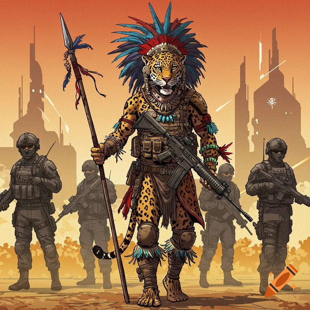 A jaguar warrior with a spear and rifle stands before modern soldiers and a futuristic city.