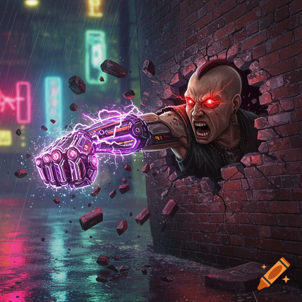 Enraged cyborg with glowing red eyes punches through a brick wall in a neon-lit cyberpunk city street.