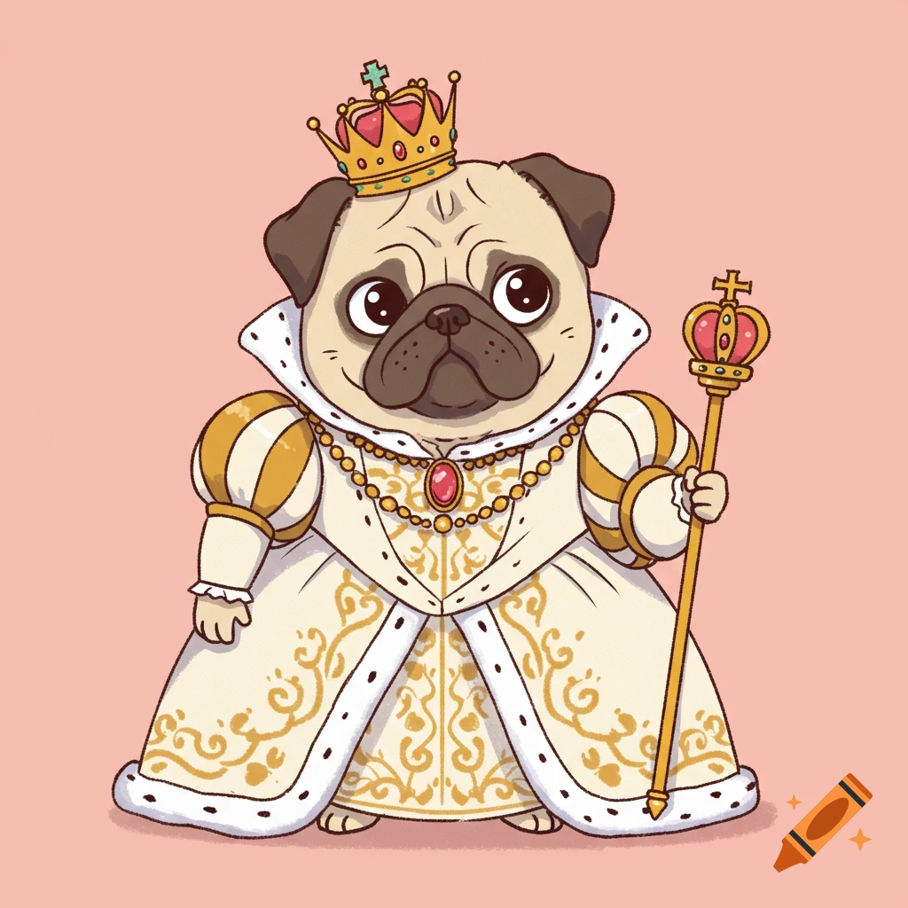 Cartoon illustration of a pug wearing a white and gold queen outfit with a crown and scepter.