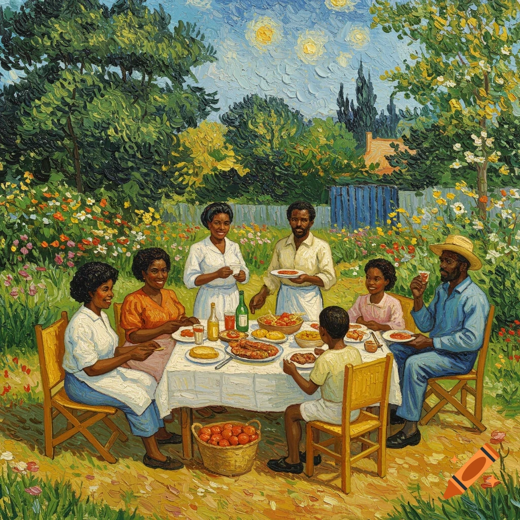 An African American family has a picnic in a garden, painted in the thick impasto style of Van Gogh.