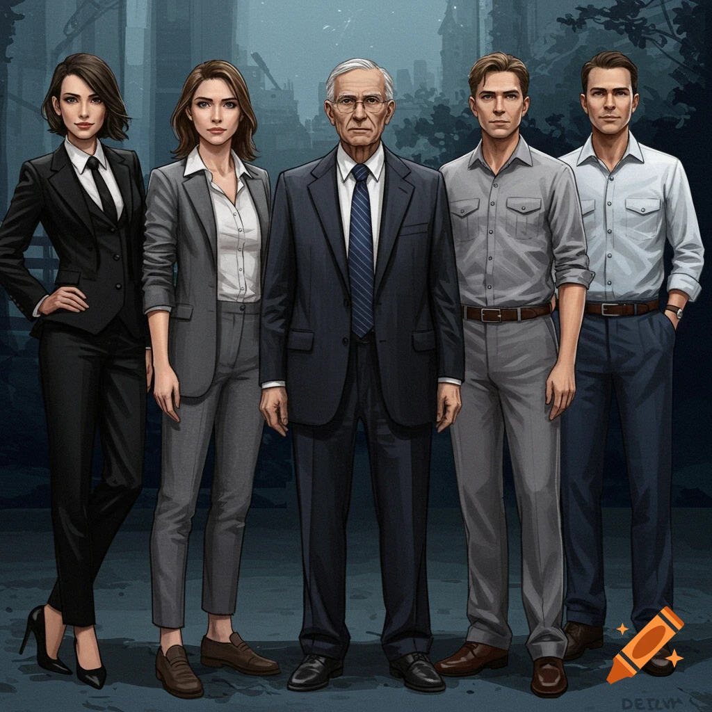 Five people in suits and business casual attire standing before a dark city background.