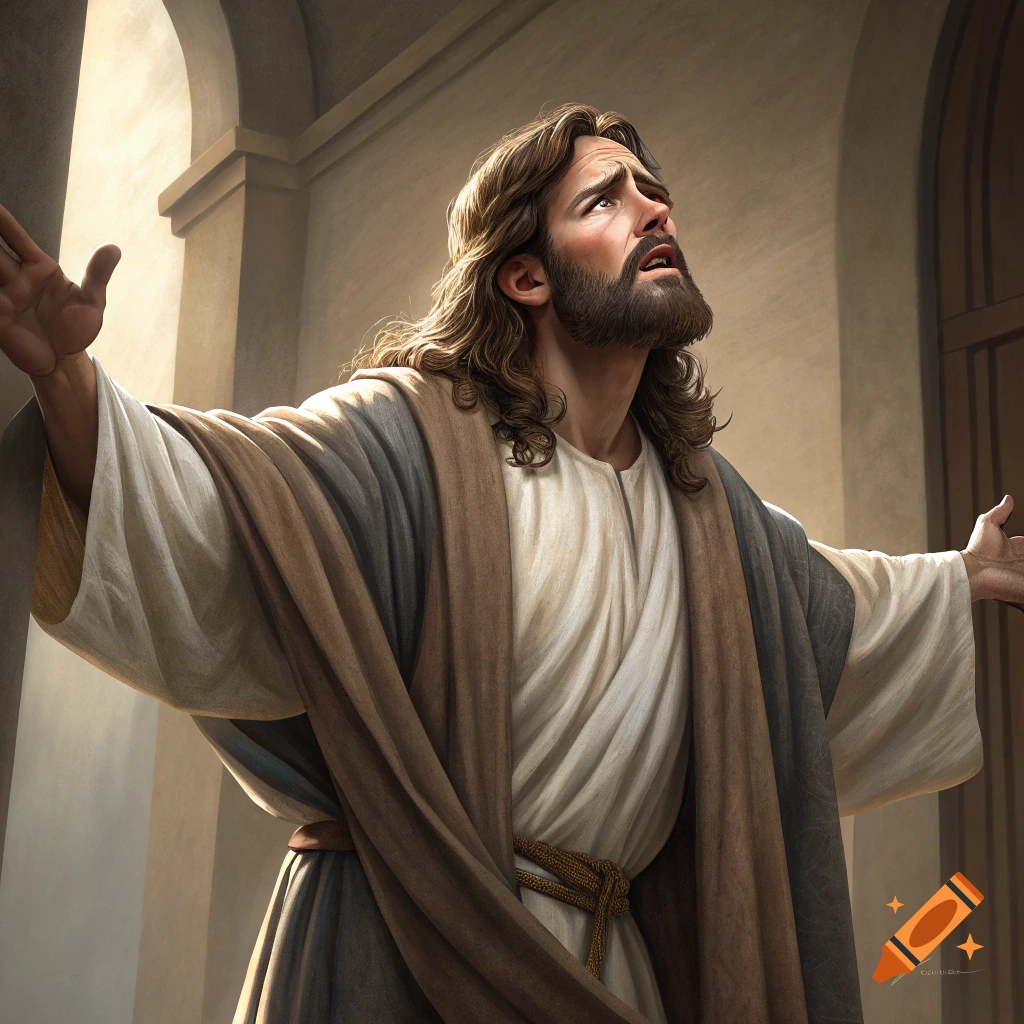 Jesus looking up with arms outstretched, wearing robes.