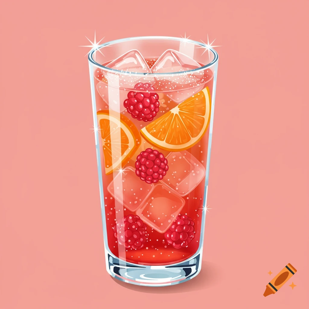 Vector illustration of a glass of fruit punch with ice, raspberries, and orange slices.