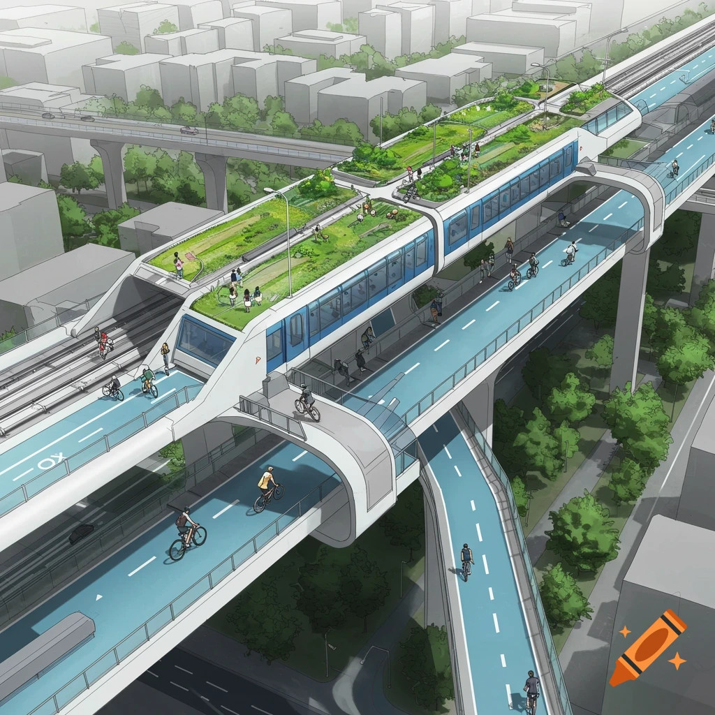 An elevated metro train with a green roof and an integrated bike path, situated within a cityscape.