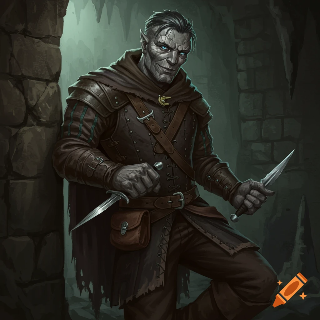 A male fantasy character with rock-like skin and pointed ears, wearing leather armor and holding two daggers in a dark dungeon.