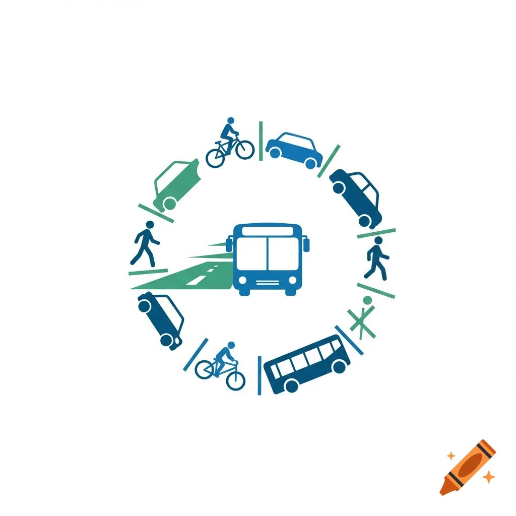 Logo with bus icon surrounded by icons for cars, bikes, and pedestrians