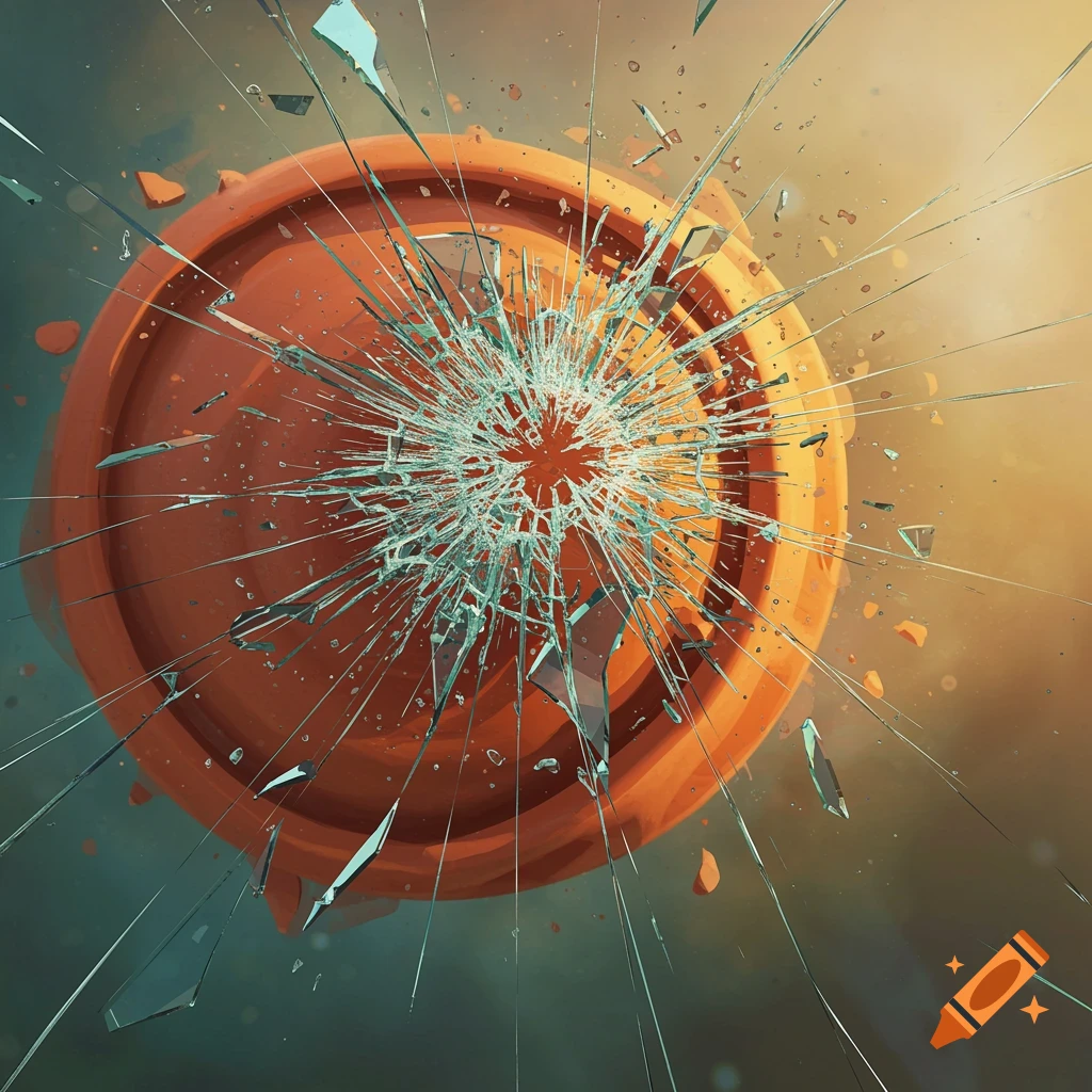 An orange clay pigeon target shattering with glass shards flying outwards