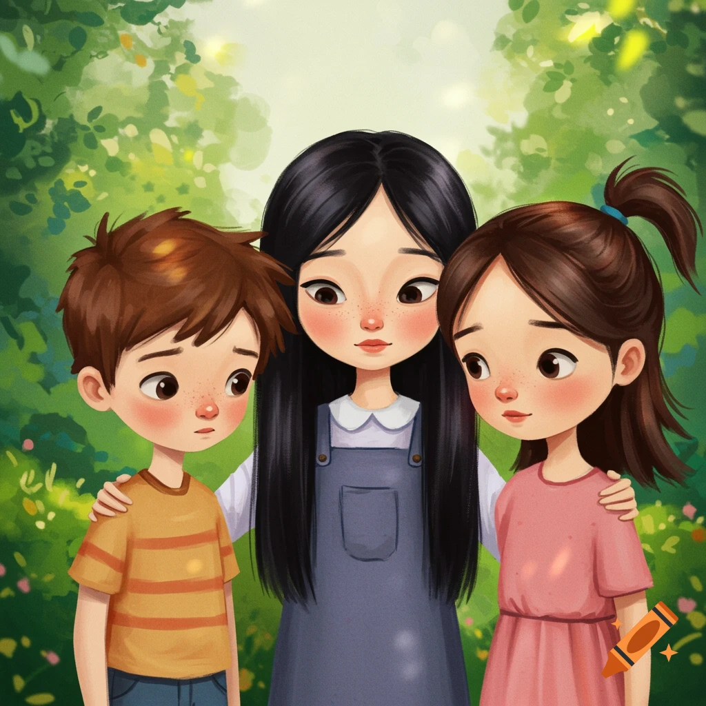 Illustrative style portrait of three children in a sunny park.