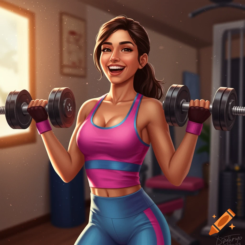 A happy woman in workout clothes lifting dumbbells in a gym.