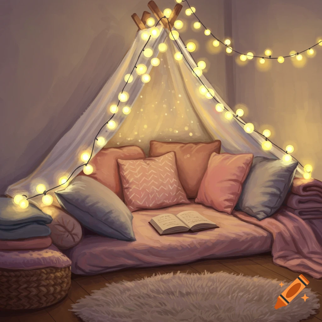 A cozy indoor reading nook or tent with pillows, blankets, string lights, and an open book.