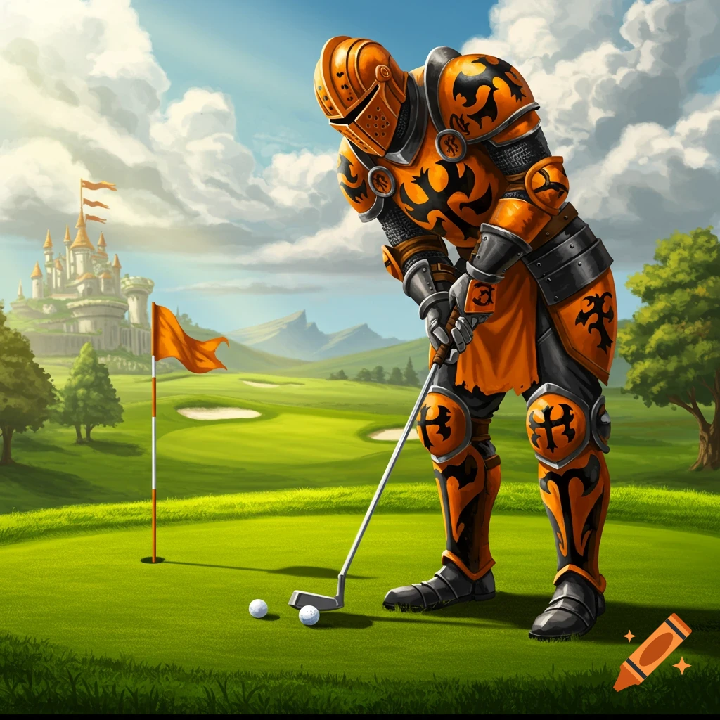 A knight in orange and black armor putts a golf ball on a green golf course with a castle in the background.