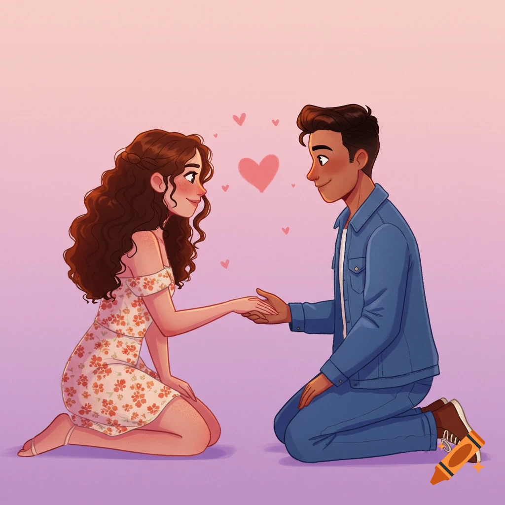 Digital illustration of a man and woman kneeling, holding hands, with hearts floating around them.
