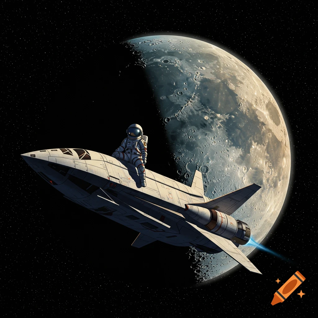 An astronaut is sitting on a spaceship orbiting the moon.