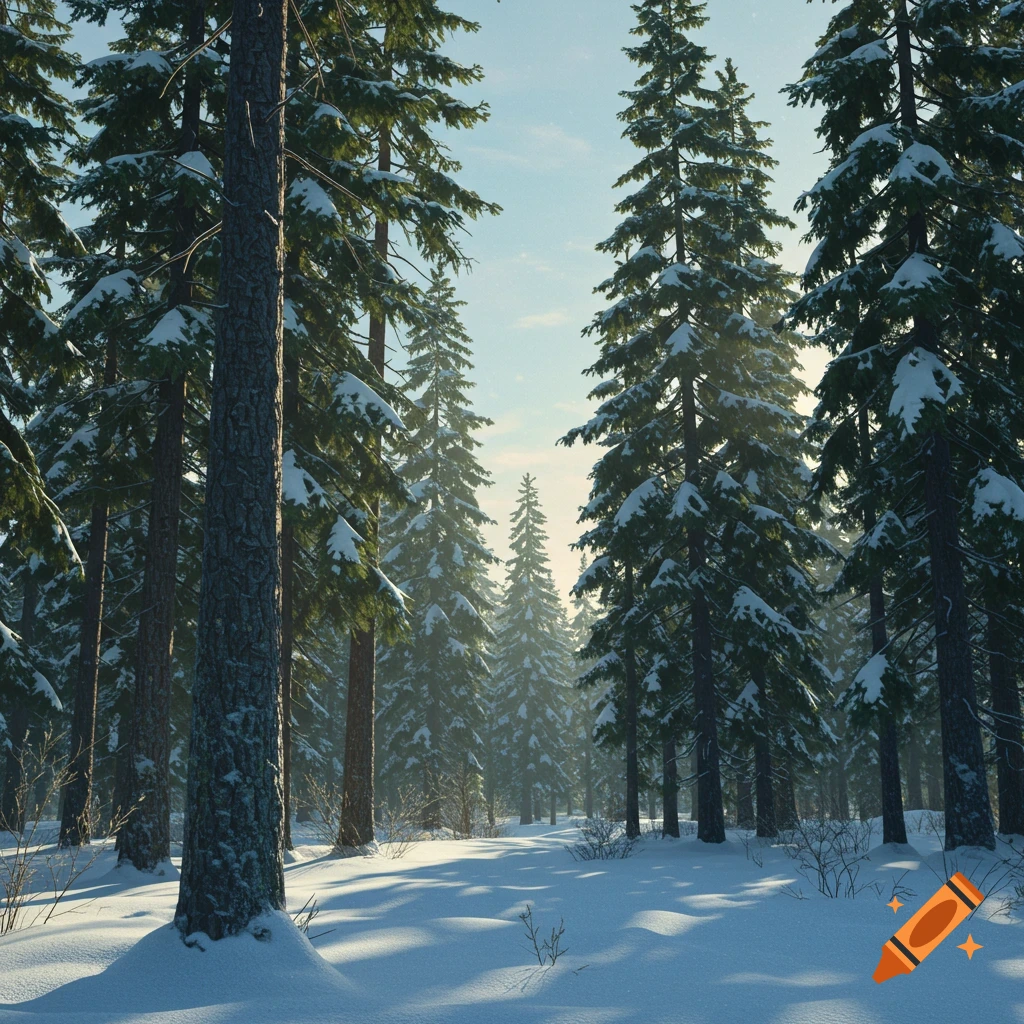 A snowy forest with tall pine trees and sunlight.