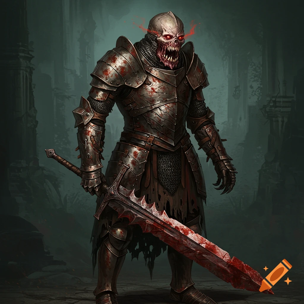 Undead knight in blood-splattered armor holding a bloody sword in a dark fantasy setting.