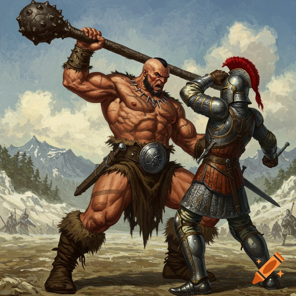 A barbarian attacking a knight with a club.
