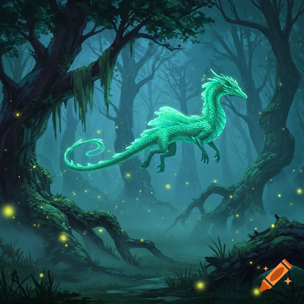 A glowing green dragon flies through a misty forest with fireflies.