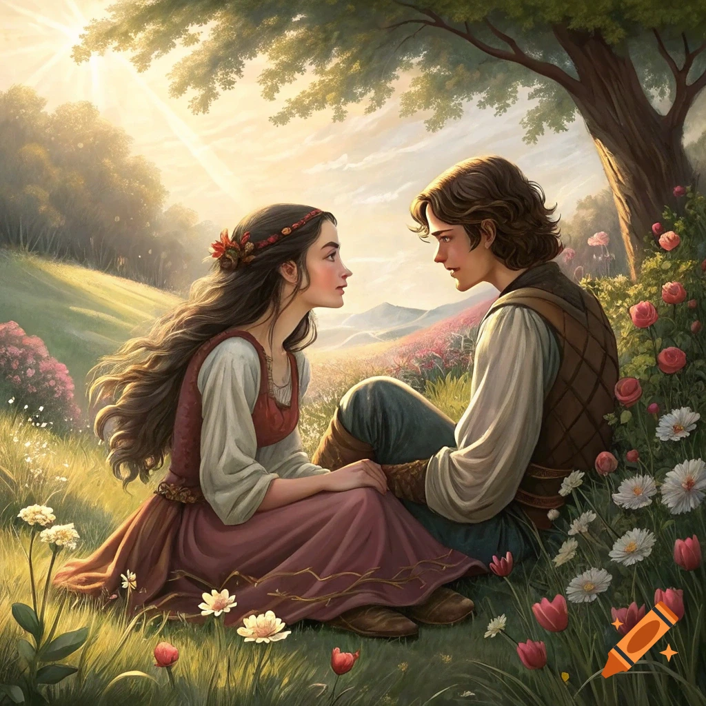 Painted illustration of a young couple sitting together in a blooming meadow, looking into each other's eyes.