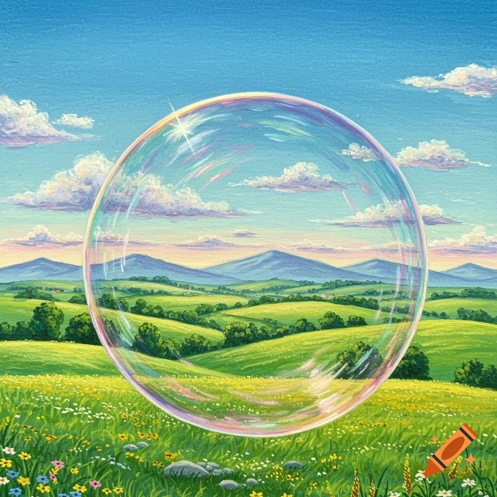 A vibrant nature drawing of a grassy field with flowers, hills, mountains, and a large reflective bubble in the foreground.