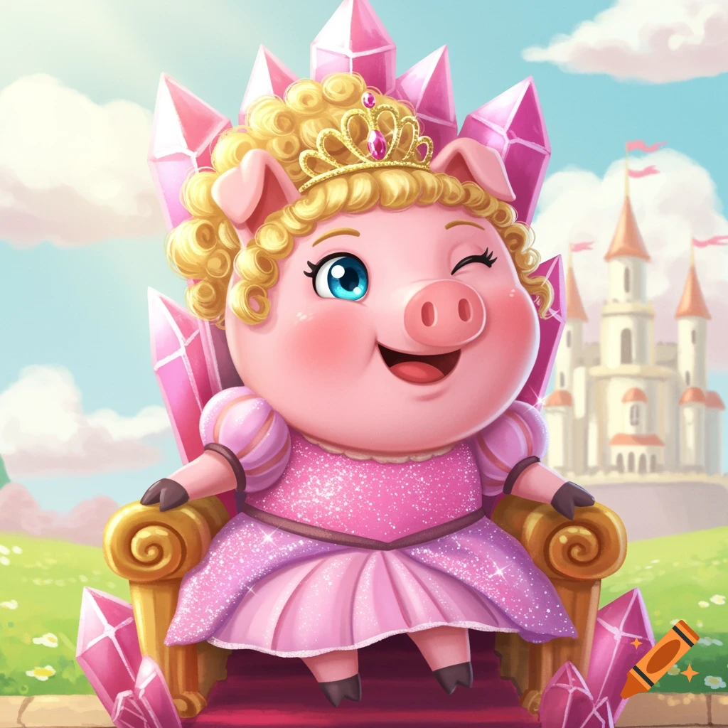 A cute cartoon pig dressed as a princess sits on a crystal throne in front of a castle.