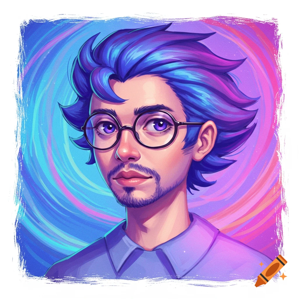 A person with blue hair, glasses, and purple eyes against a colorful swirling background.