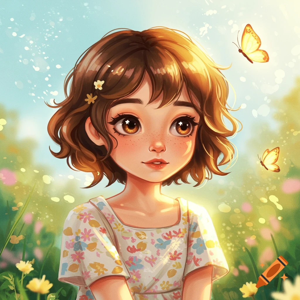 Stylized portrait of a young girl in a sunny garden with butterflies