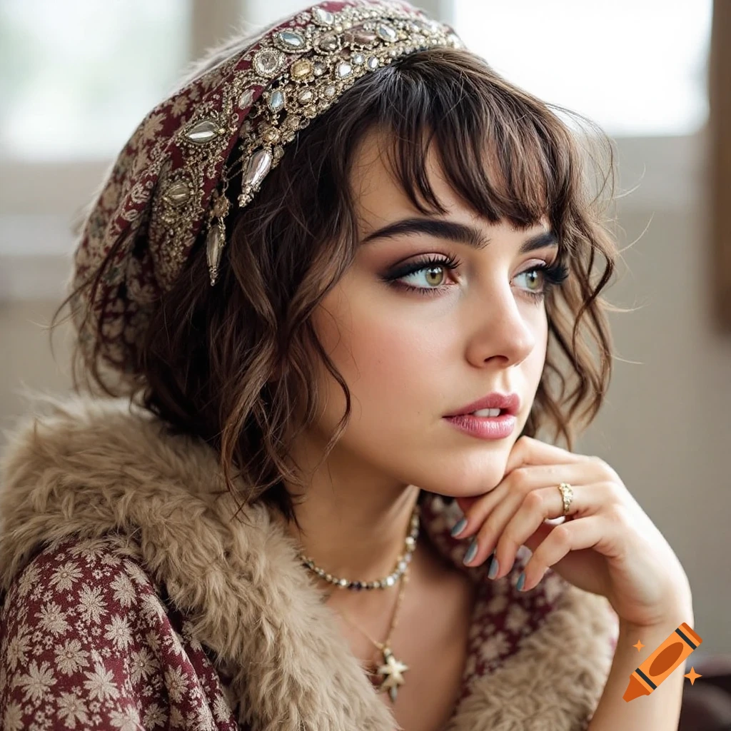 Portrait of a woman wearing a richly decorated headscarf and fur collar