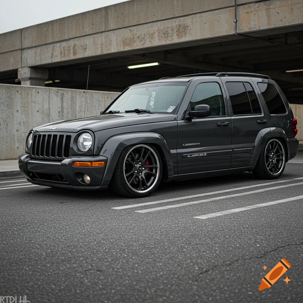 A dark grey lowered Jeep Liberty is parked in a concrete parking garage.