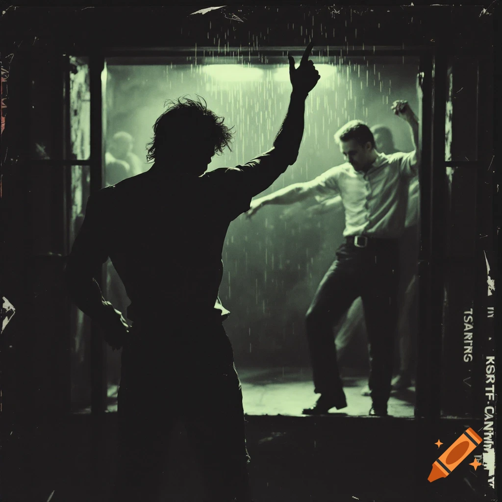 Silhouetted man dancing in a dark, wet space with another man dancing in the background. Gritty, high-contrast style.