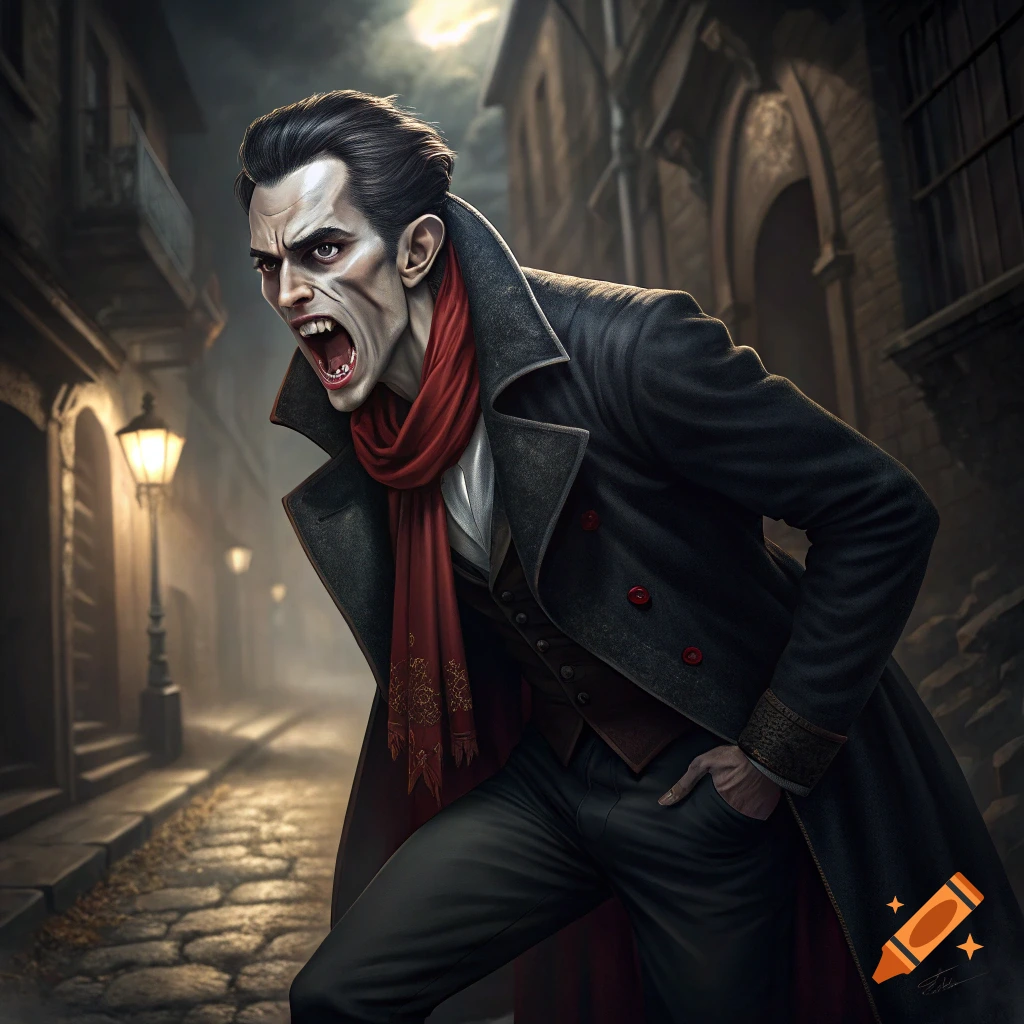 A stylized illustration of a vampire in a coat and scarf, standing in a dark alleyway with bared teeth.