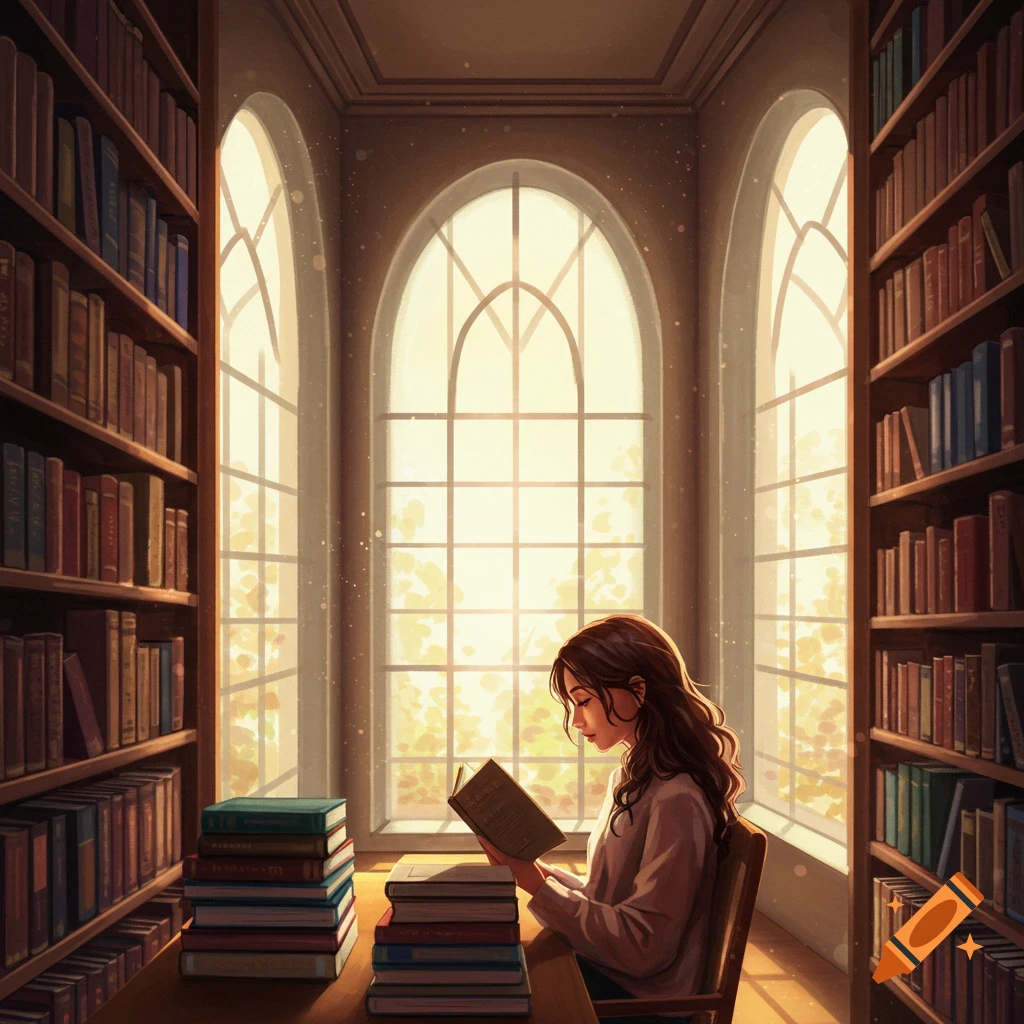 Woman reading a book in a library with tall bookshelves and windows.