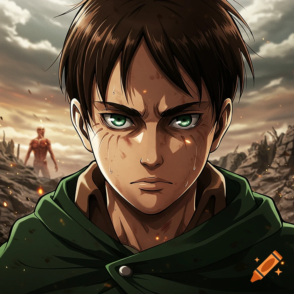 Close-up of anime character Eren Yeager with battle scars and tears, a titan in the destroyed background.