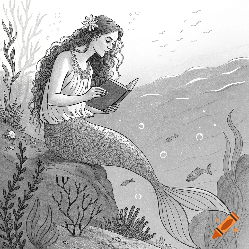 A drawing of a mermaid sitting on a rock underwater and reading a book.