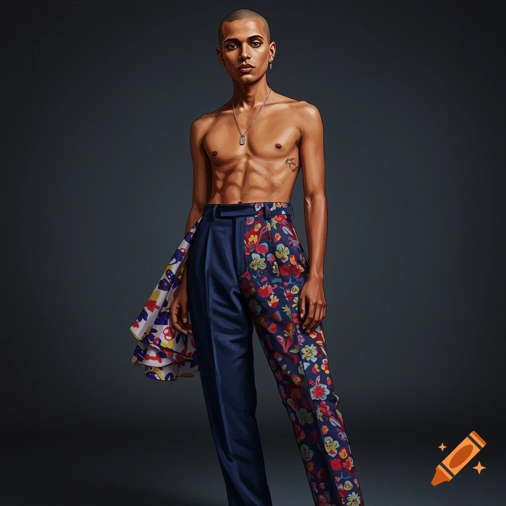 Image of a shirtless person with shaved head in split floral pants/skirt.